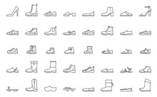 Man And Woman Shoes Line Icons. High Heel Shoe, Combat, Cowboy, Winter And Rubber Boots, Man And Woman Sandals, Sneakers Sport Footwear, Moccasins, Flip Flops And Slippers Shoe Vector Icons