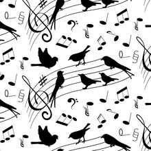 Pattern With Birds And Notes.Vector Pattern With Silhouettes Of Birds And Musical Signs In Black On A Transparent Background.