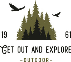 Wall Mural - Forest camping for travel print. Timber hiking and expedition for traveler and tourist. Graphic design for outdoor adventure. Sport activity