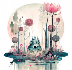 Wall Mural - fantasy landscape with castle, trees and flowers. watercolor illustration, calm soft colors, printab