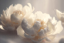 Beautiful White Peony Flowers On Light Background, Closeup View