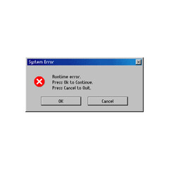 Fototapete - Error message window on computer system warning screen, vector popup message. Runtime error or PC alert message window option button to cancel, quit and continue, computer system error notification