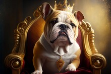 Bulldog King Wearing Gold Crown Sitting On The Wooden Throne