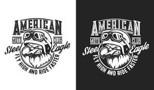 Eagle Pilot Mascot, Racing Club T-shirt Print, Moto Races And Speedway Sport Vector Emblem. Motorcycle Races Club Badge With Eagle In Aviator Helmet, Angry Bird Mascot For Motocross Races Championship