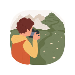 Poster - Photography isolated cartoon vector illustration. Young photographer taking pictures, holding camera in hands, shooting nature, people lifestyle and hobby, hands-on activity vector cartoon.