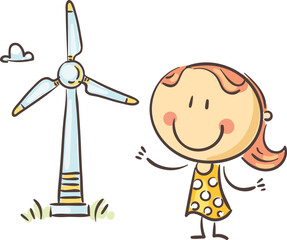 Wall Mural - Kid and wind turbine. Conservation energy, ecology, green energy. Illustration in cartoon style on white background.