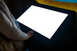 © zyabich - White screen, mock up, future, copyspace, template, technology concept. Woman looking at blank interactive touchscreen white display of electronic kiosk at futuristic exhibition or museum