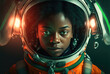 Beautiful black african american girl as vintage astronaut, generative ai