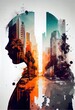 Double exposure of unrecognisable person and futuristic city. Not an actual real person.   
Digitally generated AI image