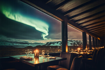 background, hotel restaurant in iceland, aurora borealis in sky, generative ai.