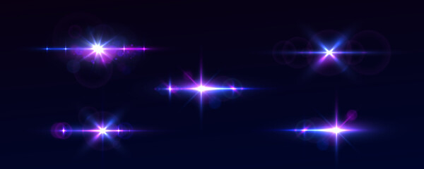 Poster - Blue glow star burst flare explosion light effect. Purple lights star, sun rays, violet sparks sparkle. Bright glitter glare bokeh. Set of transparent light streak and lens flares. Neon flare. Vector