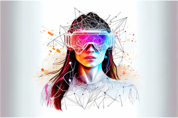  VR virtual reality headset goggles worn by woman 3D abstract art sketch illustration with colorful abstract lines showing creativity, gaming, fun, metaverse and more, with a white background.