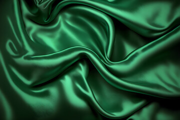 Green silk satin fabric background, silky cloth curtain texture