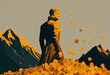 Golden mountains and silhouette of man, owner of great wealth. Mountains of gold coins....