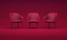 Three Viva Magenta Chairs On A Studio Background. Business Concept. 3D Rendering.