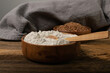 Buckwheat Flour Pile in Wood Bowl, Dry Buck Wheat Powder, Buckwheat Flour on Wooden Rustic Background