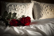 red roses on a bed with elegant white bedsheets, romantic stay at a luxury hotel, created with generative AI