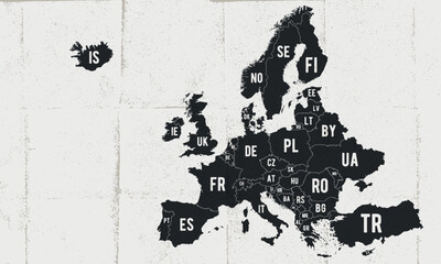 Europe map. Vintage Europe map with shortened state names. Poster of Europe map with old map texture. Vector illustration.