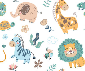  Scandinavian africa seamless pattern. Repeating design element for printing on fabric. Lion, giraffe, elephant, turtle and zebra. African savanna, flora and fauna. Cartoon flat vector illustration