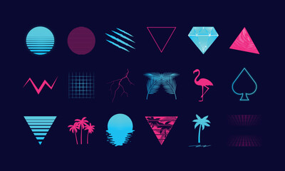 Wall Mural - set of 18 retro 80s design elements. retro neon symbols. design elements for t-shirt, banner, poster