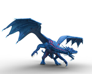 Canvas Print - Fantasy blue dragon standing in aggressive pose with wings raised and mouth open. Isolated 3D rendering.
