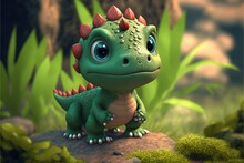A Cute Adorable Baby Dinosaur Generative Ai  Rendered In The Style Of Children-friendly Cartoon Animation Fantasy Style	