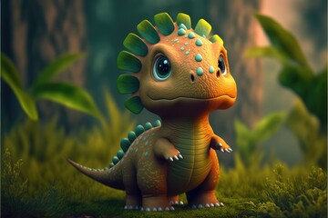 Wall Mural - a cute adorable baby dinosaur generative ai  rendered in the style of children-friendly cartoon animation fantasy style	