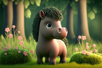 a cute adorable baby horse generative ai  rendered in the style of children-friendly cartoon animation fantasy style	