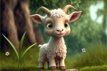 A Cute Adorable Baby Goat Generative Ai  Rendered In The Style Of Children-friendly Cartoon Animation Fantasy Style	