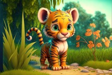 A Cute Adorable Baby Tiger Generative Ai  Rendered In The Style Of Children-friendly Cartoon Animation Fantasy Style	