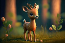A Cute Adorable Baby Deer Generative Ai  Rendered In The Style Of Children-friendly Cartoon Animation Fantasy Style	