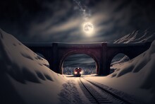 Polar Express Drama Through A Tunnel Bridge On A Snowy Night Generative AI