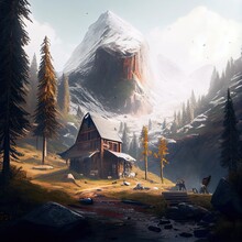Cabin With Snow-covered Mountains In Background. AI.