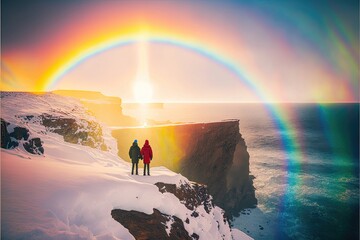 Wall Mural - Frozen landscape photography, couple one with blue jacket and one with red jacket standing with back to top of cliff. Generative AI