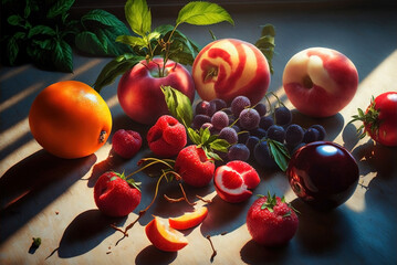 Wall Mural - Summer season fruits pictorially arranged, painted with natural and soft color at studio lightening. Ia generated