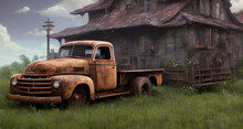 Old Rusty Abandoned Truck. Parked Next To Abandon Barn  Background Illustration, Generative Ai