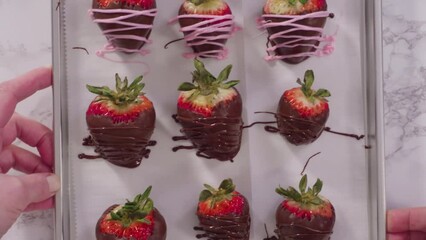 Canvas Print - Flat lay. Step by step. Variety of chocolate dipped strawberries on a parchment paper.