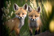 Red Fox Kits Or Babies Close Up Image Portrait Of Two Curious Beautiful Fox Young In The Spring Looking Out Peeking From The Long Grass,  Both Have Expressive Eyes. Generative Ai