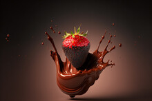 Strawberry Suspended In The Air Half Dipped On Chocolate On A Big Splash. Generative AI