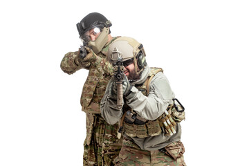 Wall Mural - military special forces storm and attack special operations, two american soldiers in military equipment with weapons on a white background, airsoft concept