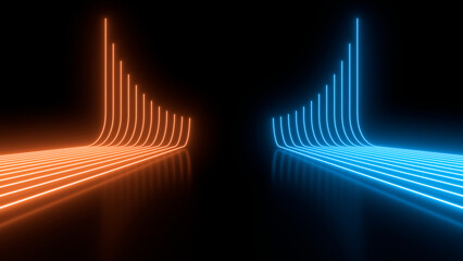 Fototapete - Sci Fy neon glowing wave lines in a dark hall. Reflections on the floor. Empty background in the center. 3d rendering image. Abstract glowing lines. Techology futuristic background.