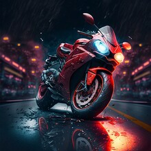 Red Motorcycle At Rainy Night.