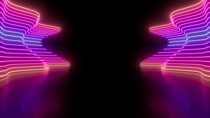 Wall Mural - Sci Fy neon glowing wave lines in a dark hall. Reflections on the floor. Empty background in the center. 3d rendering image. Abstract glowing lines. Techology futuristic background.
