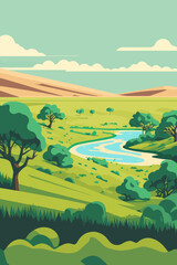 grassland landscape view, meadows, hills and mountains background