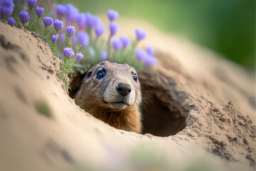 Wall Mural - Groundhog Peeking out of Burrow Hole, Groundhog Day Concept, Social Media Banner, Generative AI