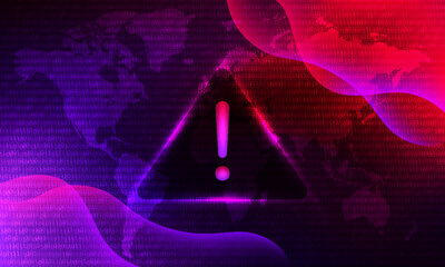 Wall Mural - attention danger hacking. symbol on purple and red. map background. security protection, malware, ha