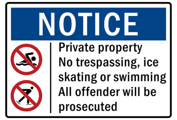 Poster - Ice warning sign and labels private property no trespassing, ice skating or swimming