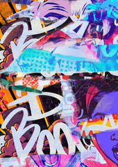 background pattern with comics texts and scribble writings. torn texture and graffiti. urban street art. neon blue colors