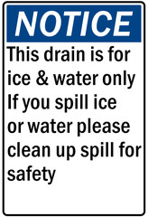 Poster - Ice warning sign and labels this drain is for ice and water only if you spill ice clean up for safety