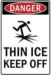 Wall Mural - Ice warning sign and labels thin ice keep out